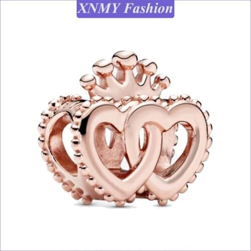 XNMY Rose Gold Color Crown & Entwined Hearts Charm Fit Original Pandora Bracelet For Women DIY Jewelry European Beads