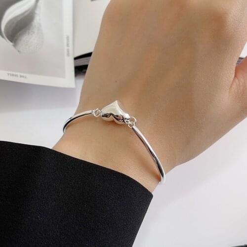 Real. 925 Sterling silver Heart Cuff Bangle Bracelet open adjust Jewelry