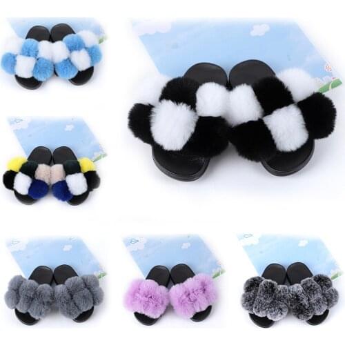 Toddler Fur Slides Girls Fluffy Colorful Shoes Childrens Raccoon Fur Princess Kids Furry Flat Plush Sandals Summer Flip Flops