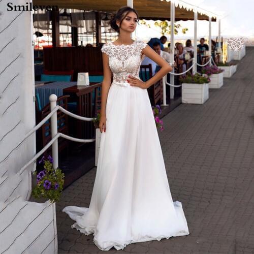 Smileven Beach Wedding Dress Cap Sleeve Chiffon Boho Bride Gown Lace Appliques Vintage Wedding Gowns