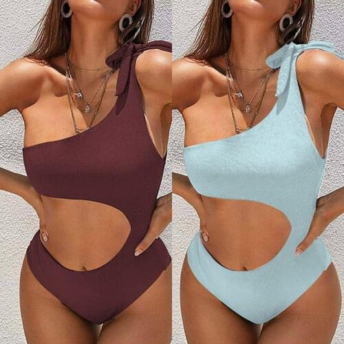 2021Sexy Bikini Womens Solid Color Thread Cloth Shoulder Strap Bow One-Piece Swimsuit Bikini Female Bathing Suit Beachwear