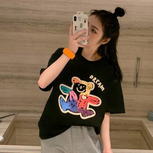 2021 Summer Korean Version of The New Loose Cartoon Graffiti Bear Couple Girlfriends Short-sleeved T-shirt