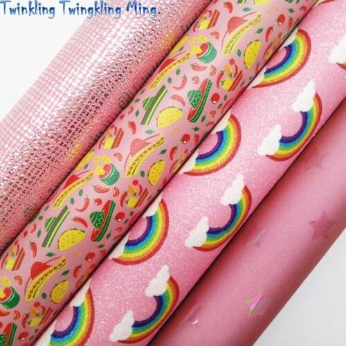 Rainbow Printed Glitter Fabric, Mexican Style Faux Leather Synthetic Leather Fabric Sheet 21x29CM Twinkling Ming KM489