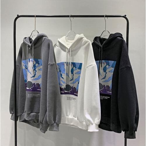 Mens Hoodies Sweatshirts Thin Black Print Oversized Hooded Sweatshirt Men Pullovers Plus Velvet Casual Loose Trendy Street Wear
