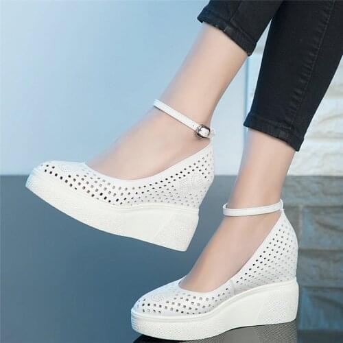 Summer Platform Mary Janes Women Genuine Leather Chunky High Heels Pumps Shoes Female Round Toe Wedges Oxfords Shoe Casual Shoes