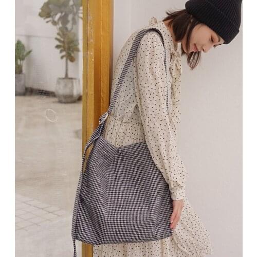 Women Thick Woolen Canvas Shoulder Bag Female Vintage Preppy Plaid Zipper Crossbody Bags Girls' Large Capacity Adjustable Totes