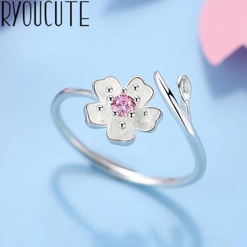 New Pink Flower Rings For Women Open Rings Brand Female Jewelry Valentines Day Gift