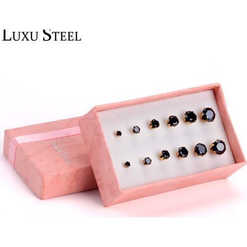 LUXUSTEEL Black Earrings pendientes brincos Female 6pairs box Round Cubic Zirconia Stud Earring Fashion Jewelry Party Wedding