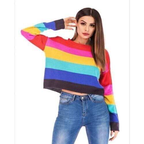 Shikoroleva Women Xmas Sweater 2020 Long Sleeve Colorful Raibow Strip Loose Pullover Xmas Sweaters Plus Size XXL XL S