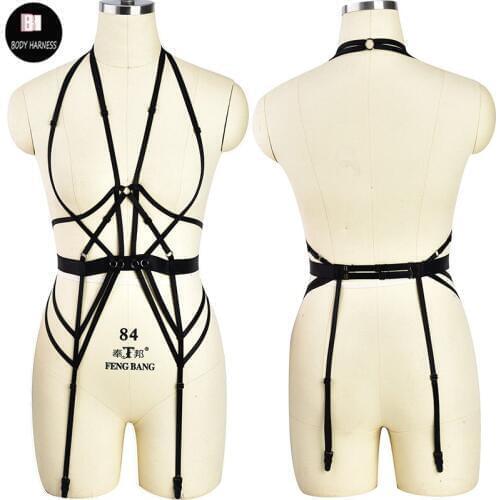 Women Black Body Harness Sexy Lingerie Set Elastic Adjustable Pastel Goth Burlesque Bondage Leg Harness Garter Belt