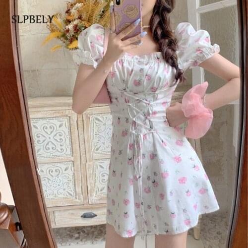 SLPBELY Sweet Lolita Dress For Women Summer Peach Printed Bandage Lace Up Dress Square Collar Puff Sleeve Mini Dress Vestido