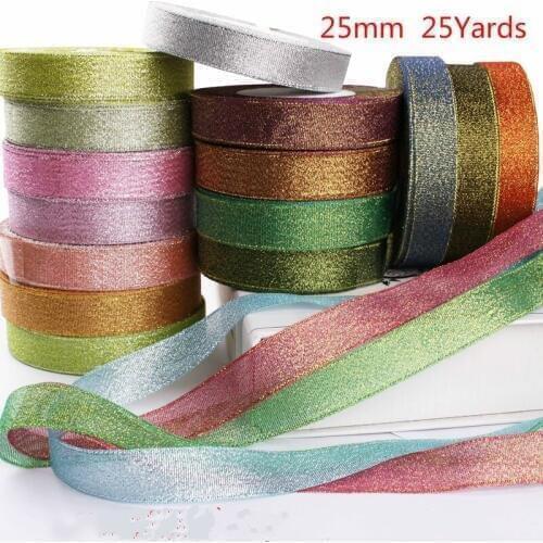 1 inch (25mm) 25yards Gold Silver Metallic Glitter Ribbons DIY Crafts Sewing Fabric Christmas Party Wedding Supplies Gift Wrap