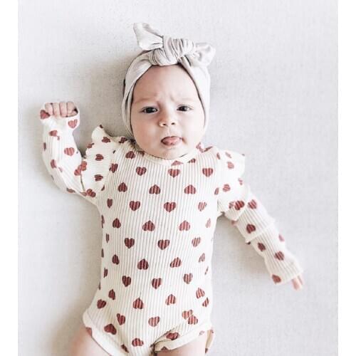 2021 Spring Autumn New Toddler Newborn Infant Baby Girls Fly Long Sleeve Heart Ruffle Ribbed Bodysuit Outfit 0-24M