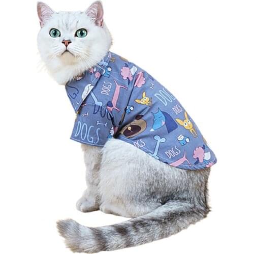 2021 Cat Dog Blouse Cartoon Printing Blue Turndown Collar Button Closure Dog Costume T-Shirt