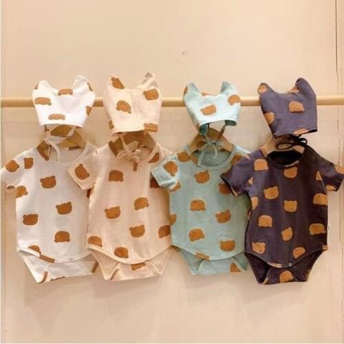 2021 Summer ins Korean Baby Set Cartoon Bear Boys Girls Romper+Hat 2pcs Cotton Kids Clothing Newborn Infant Bodysuit