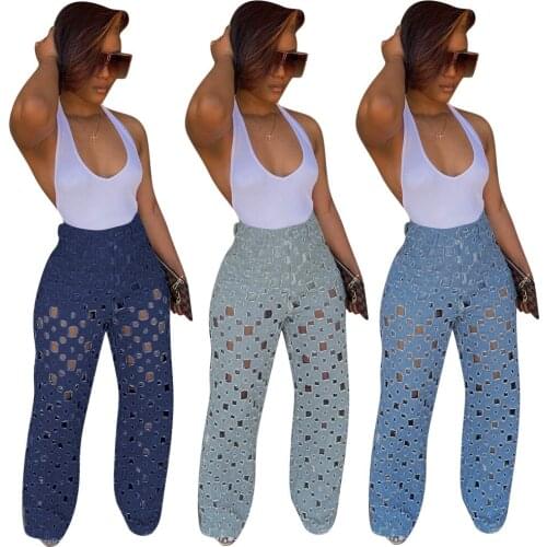 2021 Y2K WomenS Seasons High Waist Ripped Jeans Hollow Wide Leg Pants Casual WomenS Trousers Pants Women Pantalones De Mujer