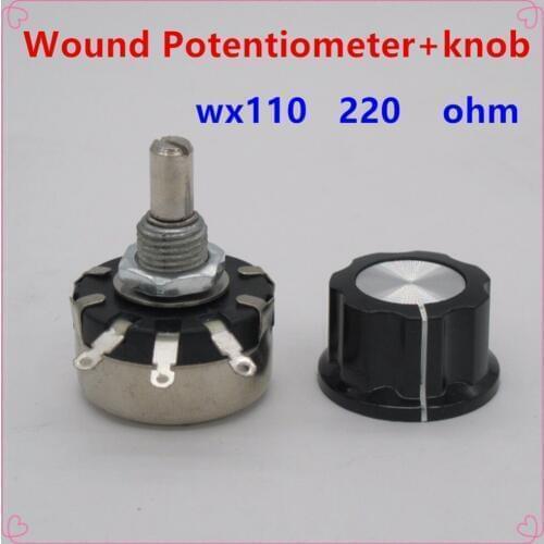5pcs WX110(010) 220 ohm 3 Soldering Terminals 6mm Round Metal Shaft Single Turn Wire Wound Potentiometer+knob