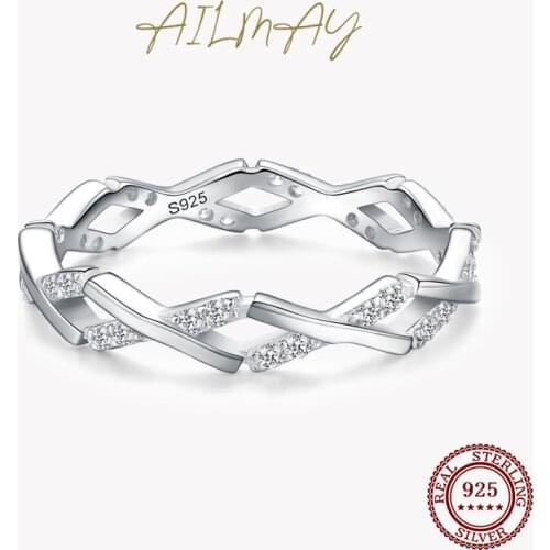 Ailmay Authentic 925 Sterling Silver Staggered Line Stackable Finger Rings For Women Classic Luxury Wedding Accessories Jewelry