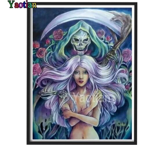 Yaotian Diamond Embroidery Sexy Girl Skull Rose Rhinestone DIY Diamond Painting Full Drill Diamond Mosaic Halloween Decoration