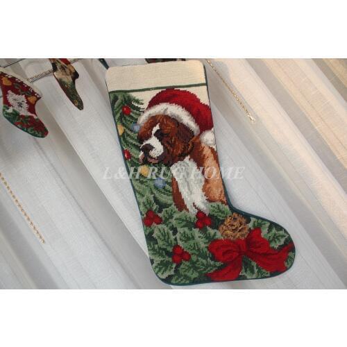 Free Shipping Wool Handmade Christmas Gift Sock Needlepoint Santa Claus socks for Presents Dogs Design 28X43CM