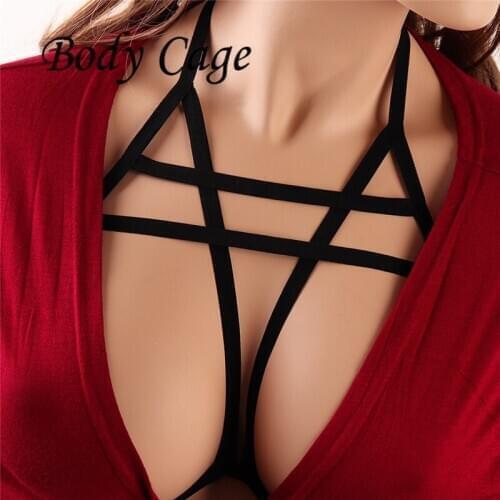 Body Cage Adjustable Harness Frame Bra Cup less in Black Cupless Bondage Lingerie Erotic Fetish Body suit for Rock Pub Girl