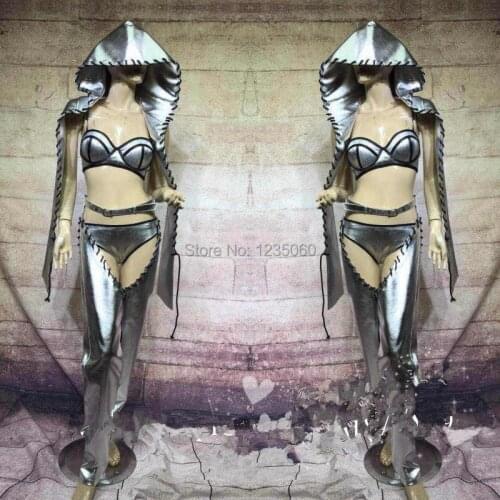 Silver Color Big Hat Ballroom DS DJ Costumes Sexy Lady Hip Hop Jazz Dance Clothes Catwalk Model Show Nightclub Bar Bikini Suit