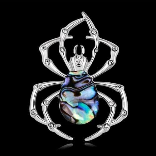 Fashion Eight Claw Spider Black Eyes Brooch Natural Shell Animal Brooches for Women Crystal Pins Jewelry Gifts Accessories