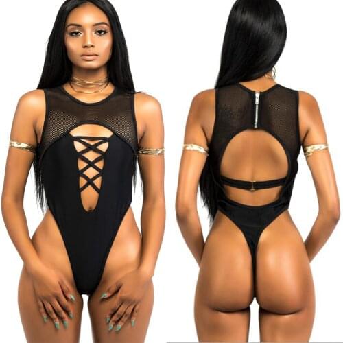 Black One Piece Swimsuit Swimwear Women High Cut Bathing Suit Bodysuit Bandage Mesh Thong Monokini Swimming Suit Maillot De Bain