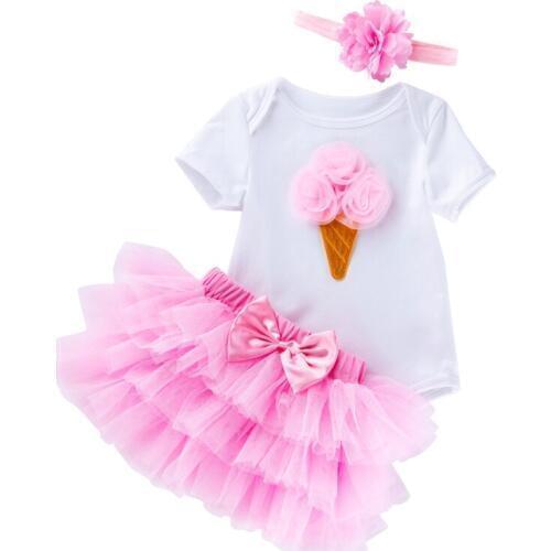 Baby short-sleeved romper six-layer skirt suit pink gauze dress high-quality cotton fashion children clothes Headband set 3pcs