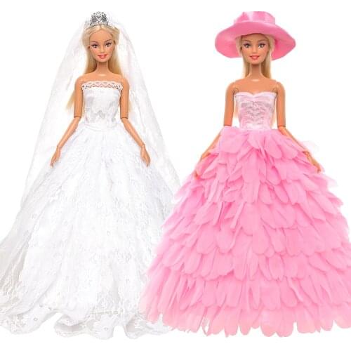 2pcs set Fashion Cheap Clothes for Doll Wedding Evening Princess Party Dress for Barbie Best Gift Present Dolls Accessories Pink