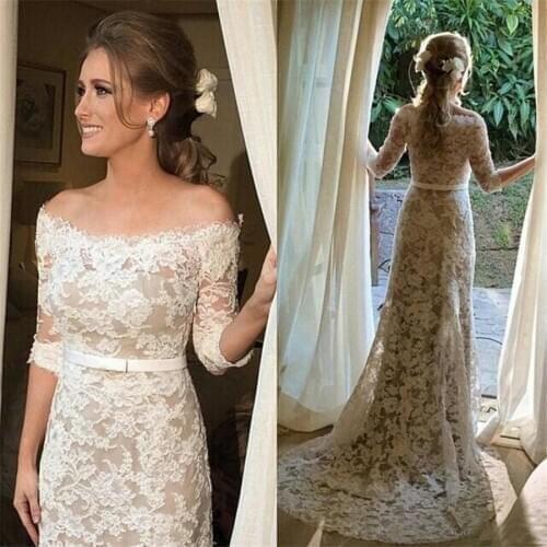 Boat Neck Lace Wedding Gown Off-the-shoulder Mid Sleeves Champagne Ivory Sheath Half Sleeves Wedding Dress Vestido de Noiva