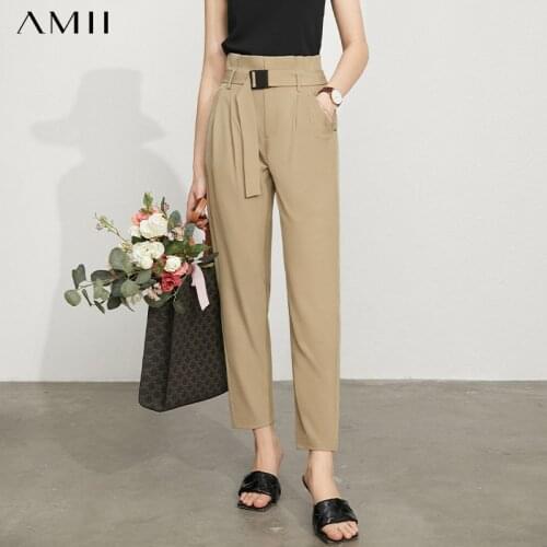Amii Minimalism Summer New Womens Pants Offical Lady Solid High Waist Belt Causal Womens Trousers 12140526