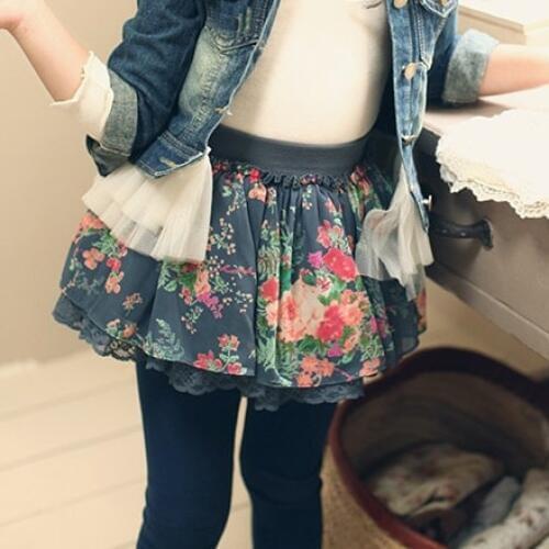 Baby Girls Fashion Denim Skirts Girls Mini Floral Skirt Kids Flower-print Lace Skirts Girls All Match Skirts