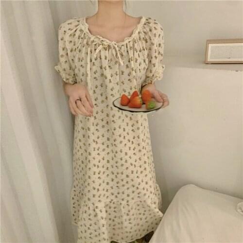 Orange Nightgown Cotton Flower Print Short Sleeve Casual Sweet Sleepwear Korean Long Midi Dress Loose Home Clothes Soft