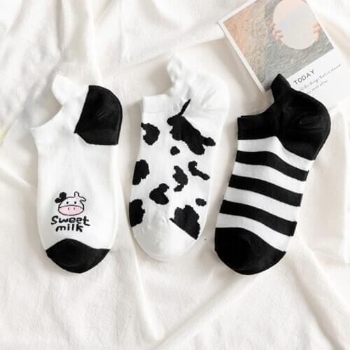 3 Pairs Cow Stripes Spot Cotton Invisible Summer Boat No Show Socks Women Black White Men Short Low Cut Slippers Silicone Socks