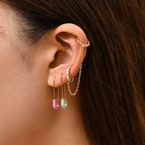 New Neon Color enamel Safety Pin Shape Drop Earrings For Women double Piercing Huggies Chain Earrings Statement Jewelry Gifts
