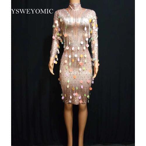 New Design Mesh See Through Fringes Dress Birthday Celebrate Perspective Dress Evening Party Sleeveless Tassel Dresses