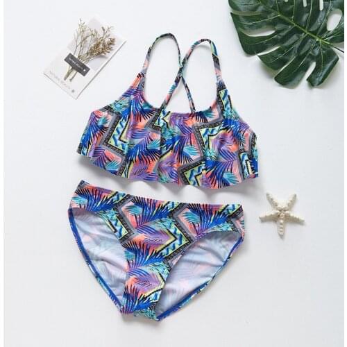 New Summer Swimwear Sleeveless Kawaii Leaf Print Beach Split Swimsuit Bikini Set Outfits For 5-14y Girl Купальник Детский