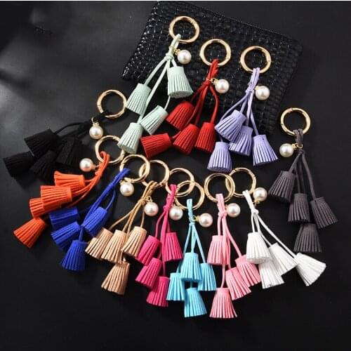New Fashion Tassel Keychain For Women Pearl Leather Tassel Key Chain Key Rings Car Bags Pendants Jewelry Handbag Accessories