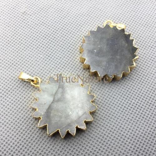Wholesale Necklace Pendant Gear Shape Labradorite Pendants Gold Electroplated Trims Charms For Decoration In 30mm PM4364
