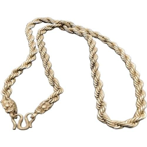 China Old National Style Tibet Silver Carve Mens Necklace Loong Head Necklace