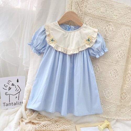 Girls Puff Sleeve Dress 2021 Summer Fashion Baby Flower Korean Embroidery Childrens Birthday Toddler Casual Cotton Clothing