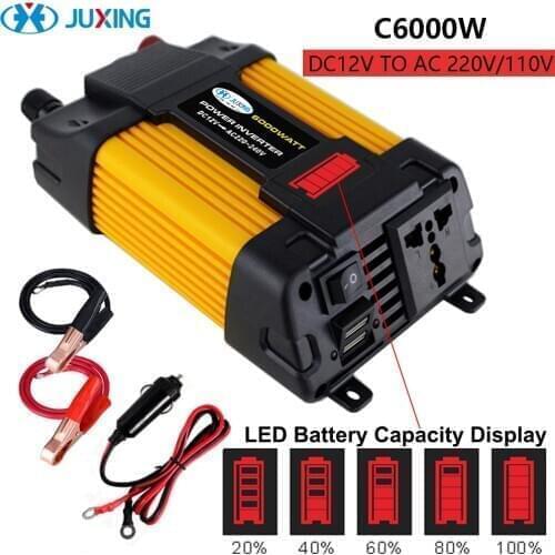 JUXING 6000W/4000W Converter for Car Power Inverter Voltage Transformer DC 12V to AC 220V with LED Display-2 USB Use for Vehicle