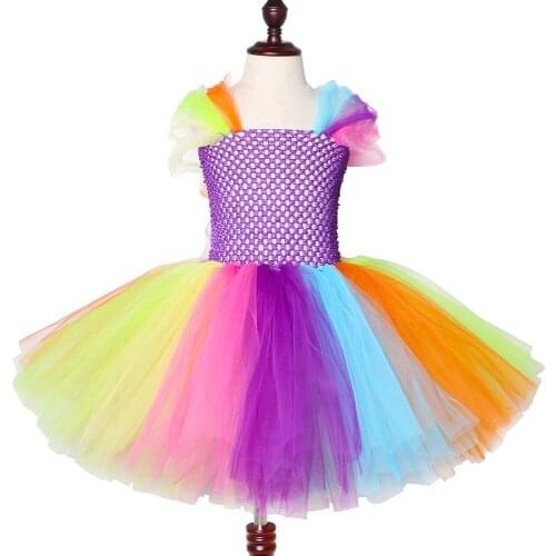 Rainbow Tutu Dress For Girls Cosplay Costumes Rainbow Skirt Kids Princess Dresses Stage Performance Halloween Photo Prop Cartoon