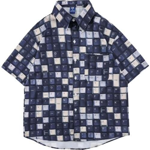 Plaid shirt mens short-sleeved loose large size casual creative keyboard printing button cardigan lapel daily top