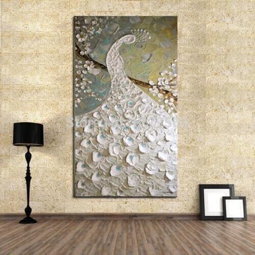 Handpainted Modern Knife Pictures On Canvas Pure White Peacock Art Oil Painting For Room Decor Wall Painting Hang Animals Craft