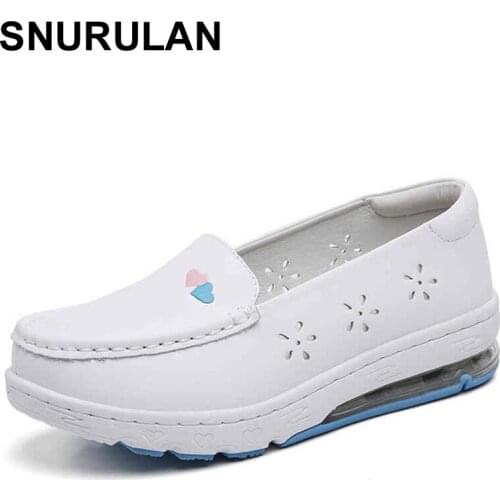 SNURULAN Fashion Women Leather Women Nurse Shoes White Work Shoes Non Slip Professional Work Leisure Flats Breathable Soft Heigh