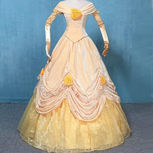 Girl And Beast Belle Cosplay Costume Adult Women Yellow Party Dance Princess Dress Fancy Halloween Ball Gown