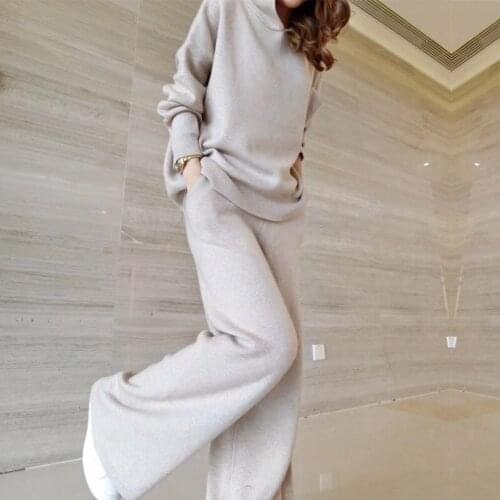 WTIANYUW New 2021 Autumn Winter Women Solid Collor Hooded Pullover Knit Sweater +Casual Wide Leg Pants Fashion Two Piece Set
