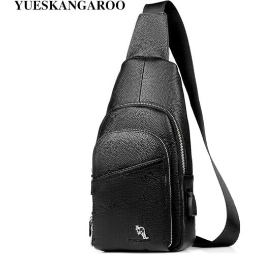 YUESKANGAROO External USB Charge Men Chest Bags Leather Chest Pack Casual Messenger Bags For Men Travel Crossbody Sling Bag